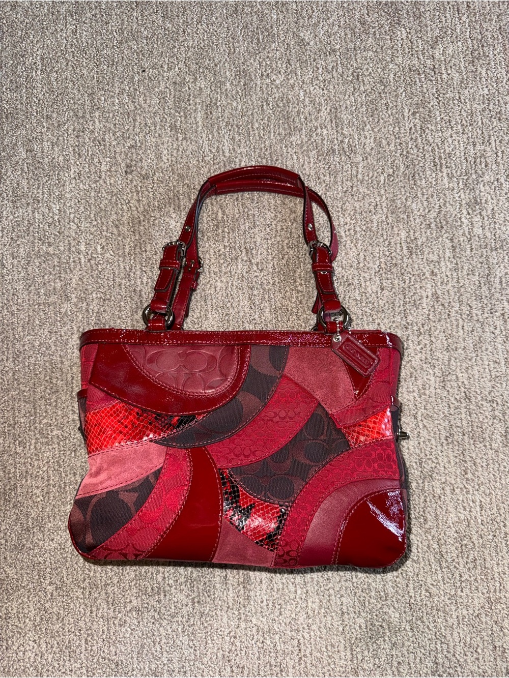 Coach Red Patchwork Shoulder Bag with Mixed Textures